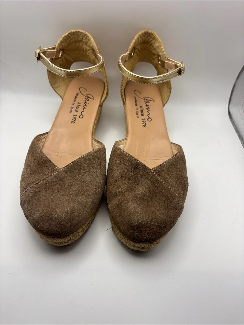 Gaimo Taupe Suede Espadrille Wedge with Gold Ankle Strap Size 40/9